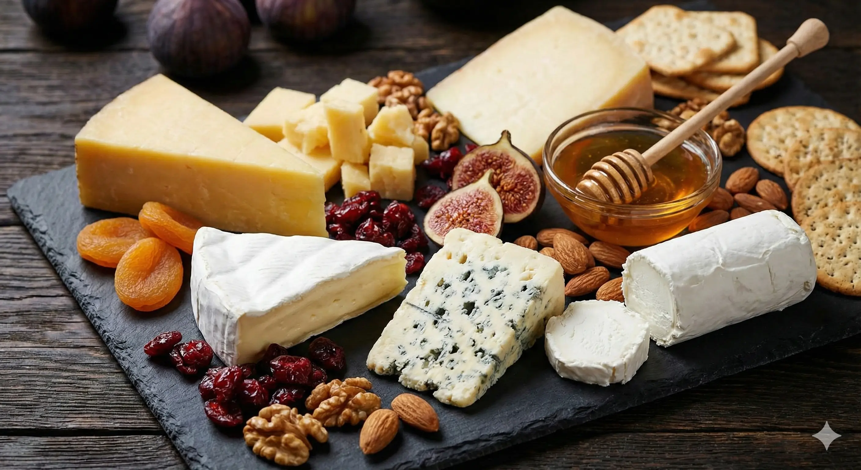 פלטת גבינות עשירה על רקע כהה עם פירות יבשים ואגוזים