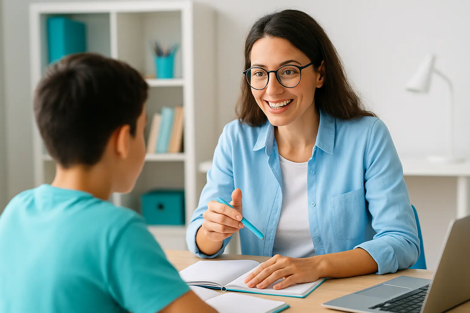 מורה מחייכת של SmartLearn מסבירה לתלמיד