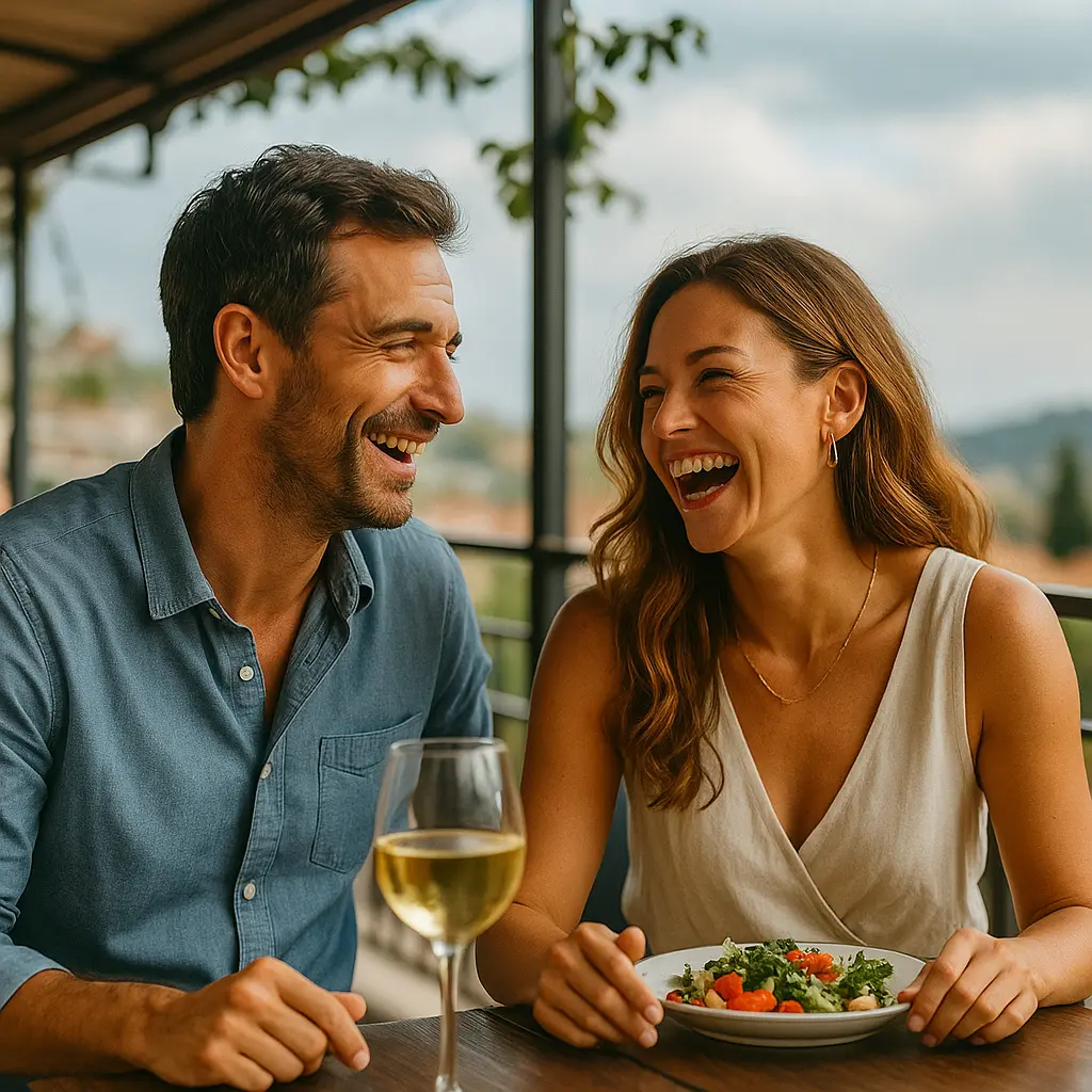 זוג סועדים צוחק במרפסת