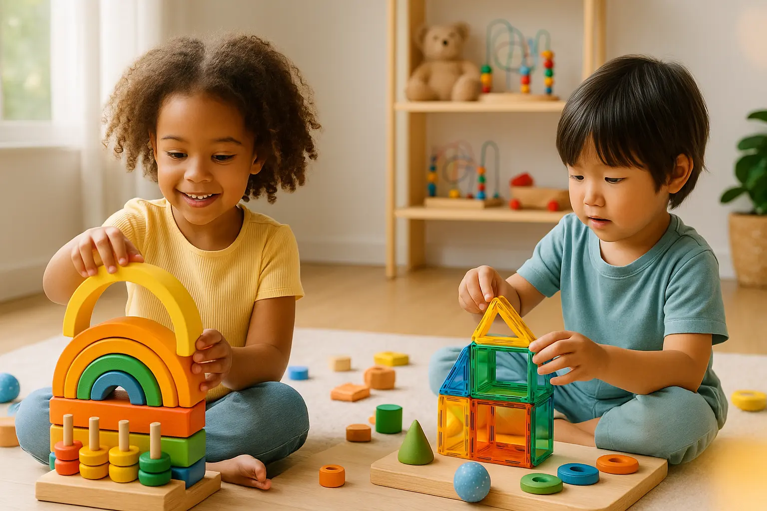 ילדה משחקת עם צעצועי עץ צבעוניים