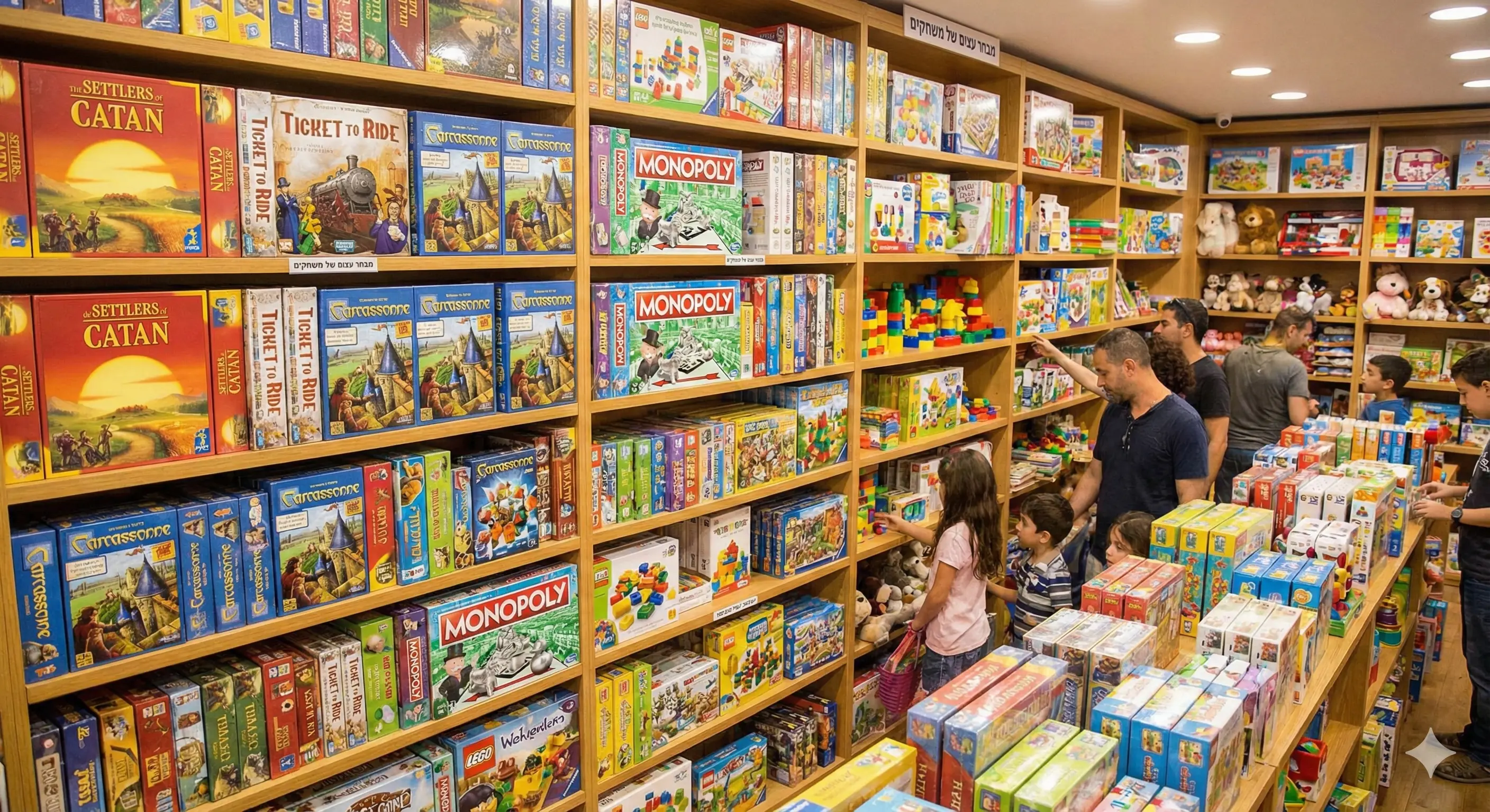 מדפים עמוסים במשחקי קופסה וצעצועים