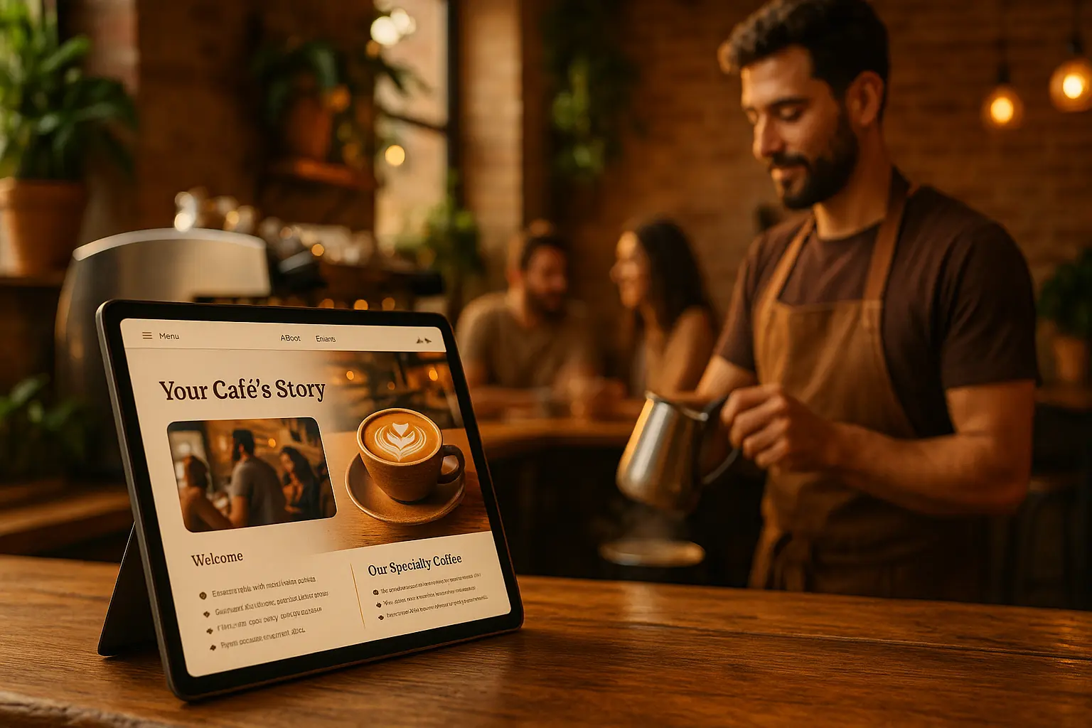 בריסטה מכין קפה לאטה ארט בבית קפה עם אתר של WebLite