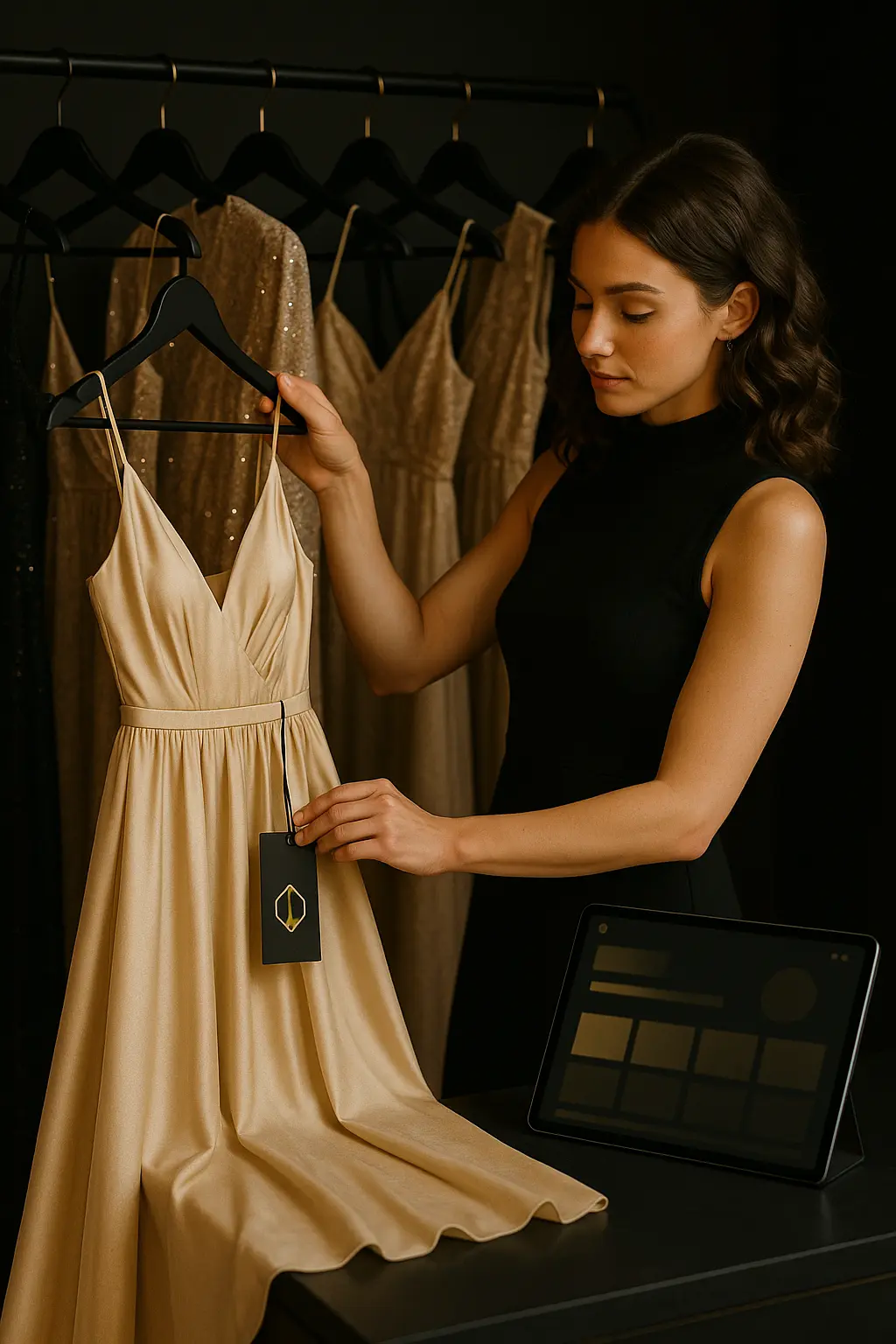 בעלת בוטיק מסדרת בגדים בחנות שלה עם אתר WebLite ברקע