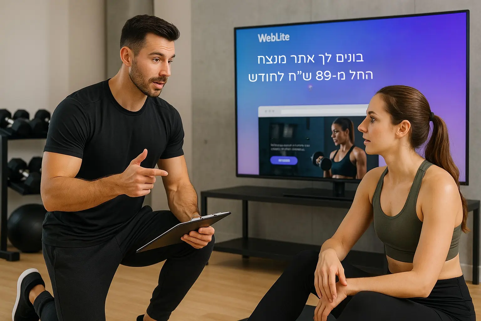 מאמן כושר מסביר למתאמנת על תרגיל בסטודיו עם אתר של WebLite ברקע