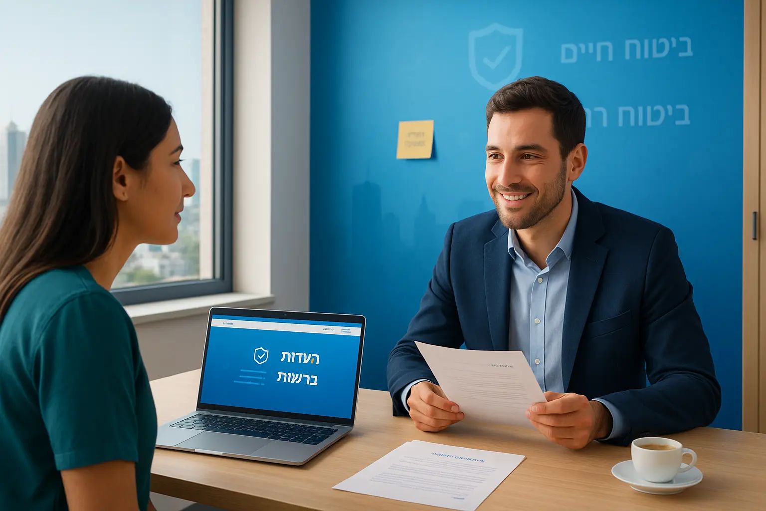 סוכן ביטוח מסביר לזוג על פוליסה עם אתר של WebLite ברקע