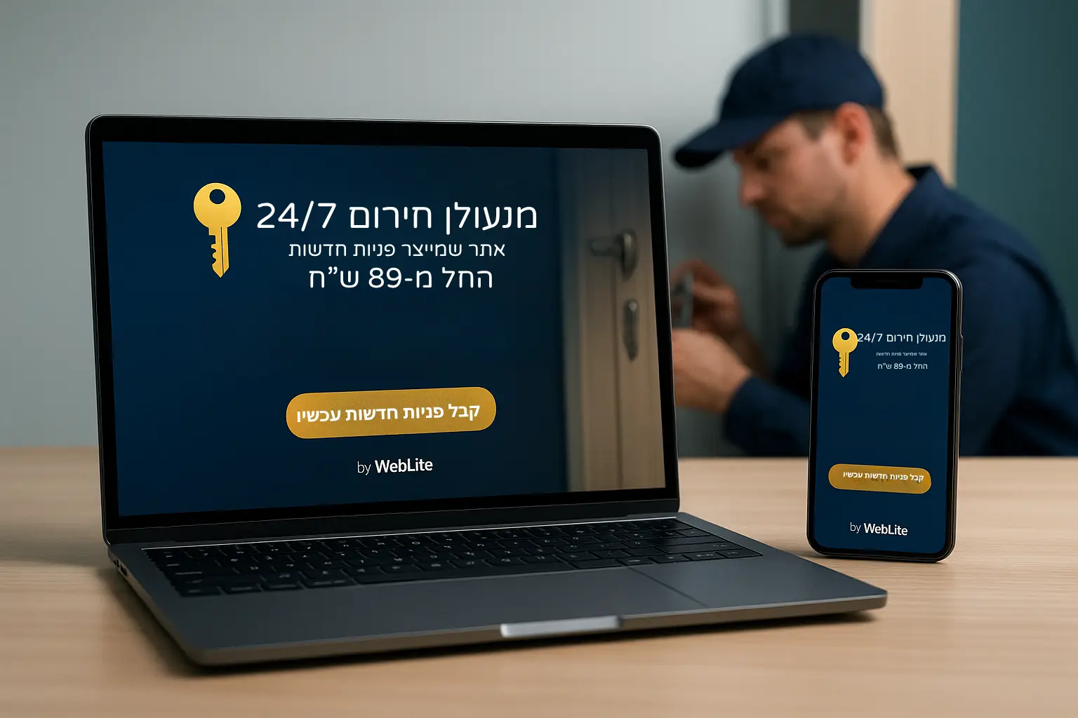 בניית אתר למנעולנים – מנעולן מקצועי עובד על דלת