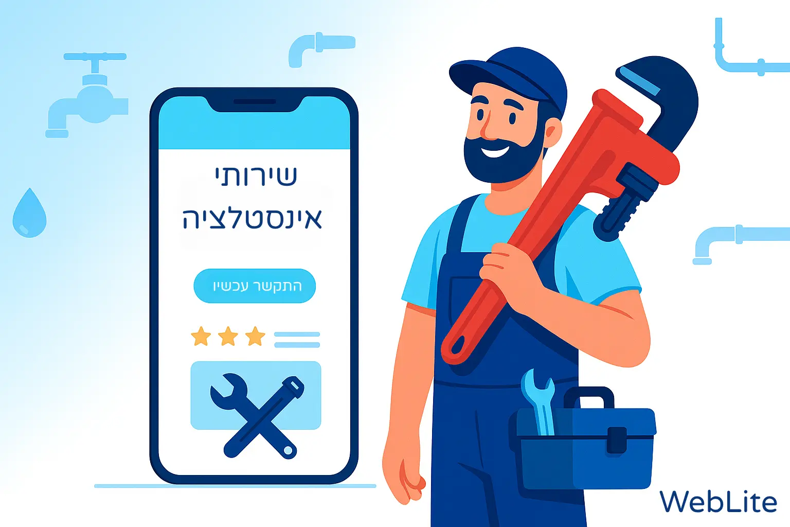 בניית אתר לאינסטלטורים – דוגמה לסקשן אמון שמציג איש מקצוע וציוד עבודה