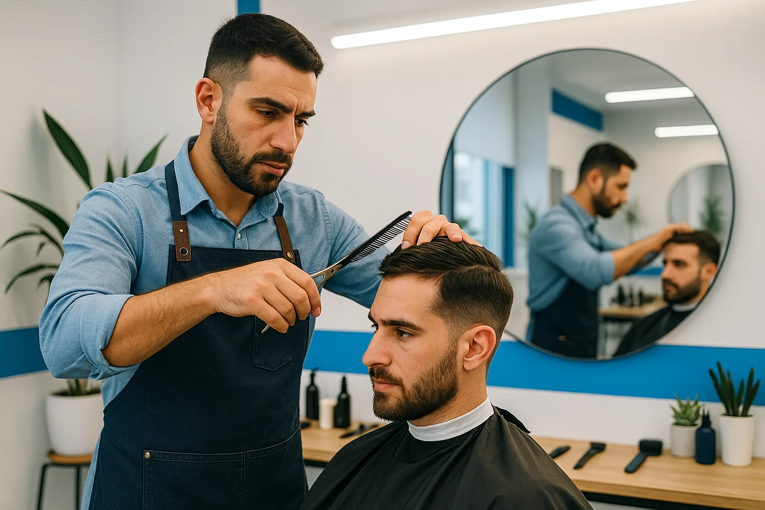 ספר מעצב שיער של לקוח במספרה מודרנית עם אתר של WebLite ברקע