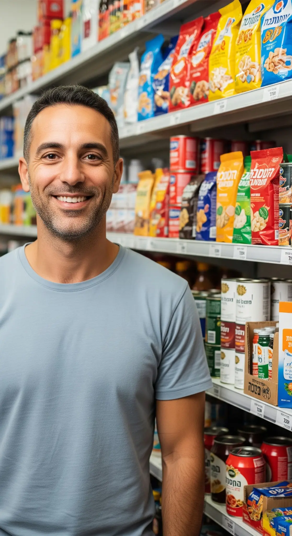 בעל חנות עומד ליד מדפים מלאי מוצרים וחייך