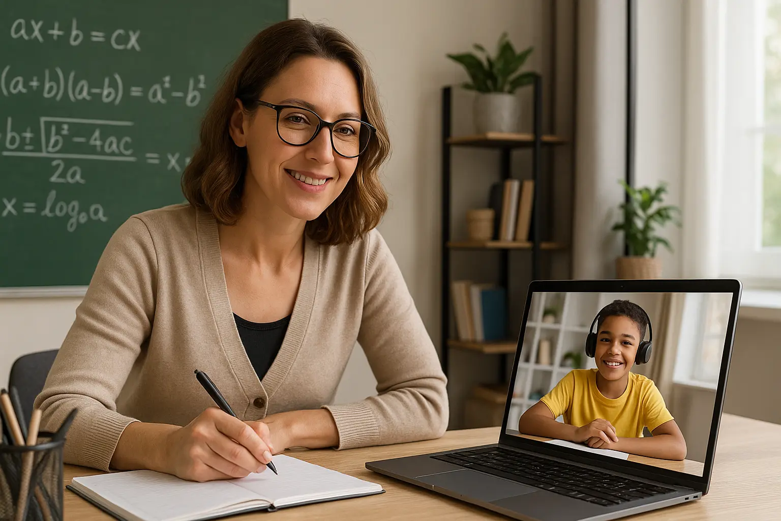 מורה פרטית מסבירה שיעור לתלמידה עם אתר של WebLite ברקע